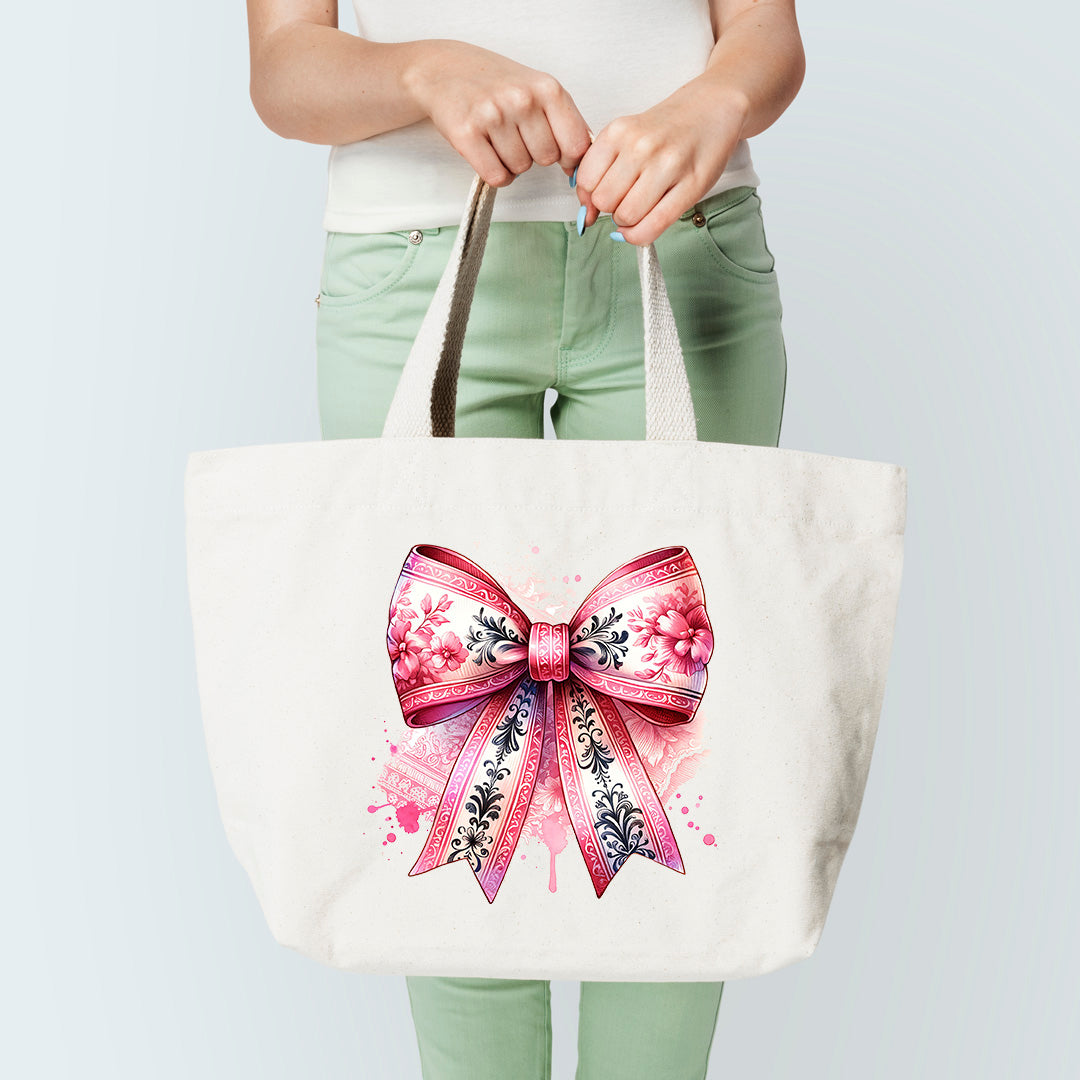 Pink Floral Bow Tote Bag