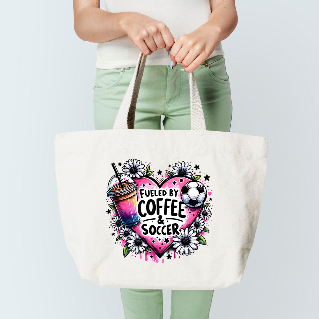 fueled by soccer and coffee tote bag