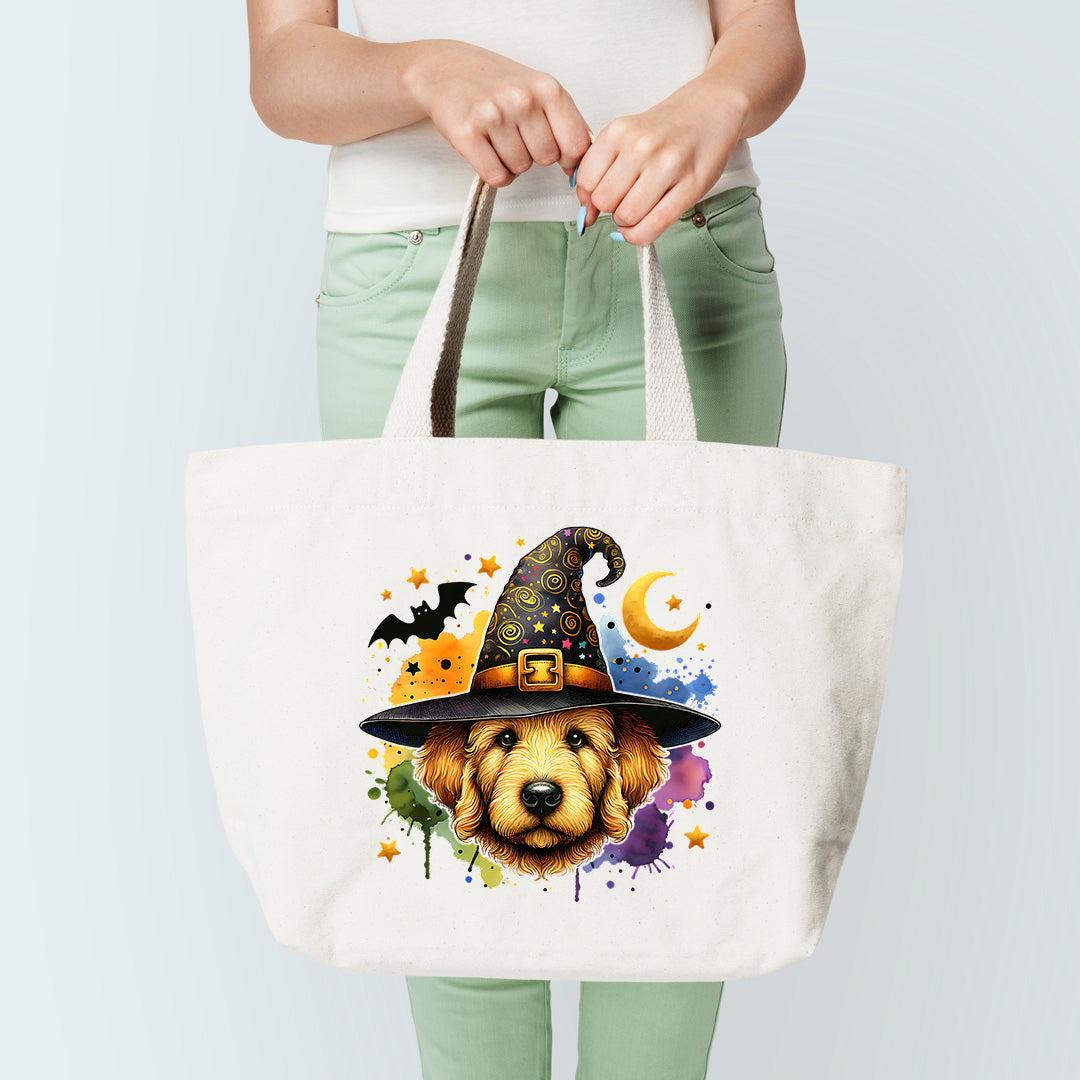 golden doodle witch tote bag