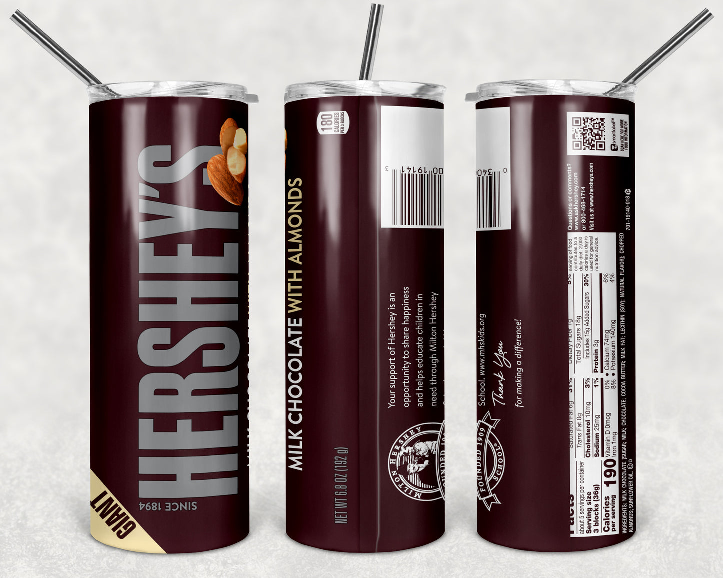 Hershey Almonds 20oz Skinny Tumbler – Insulated Stainless Steel with Straws & Brush