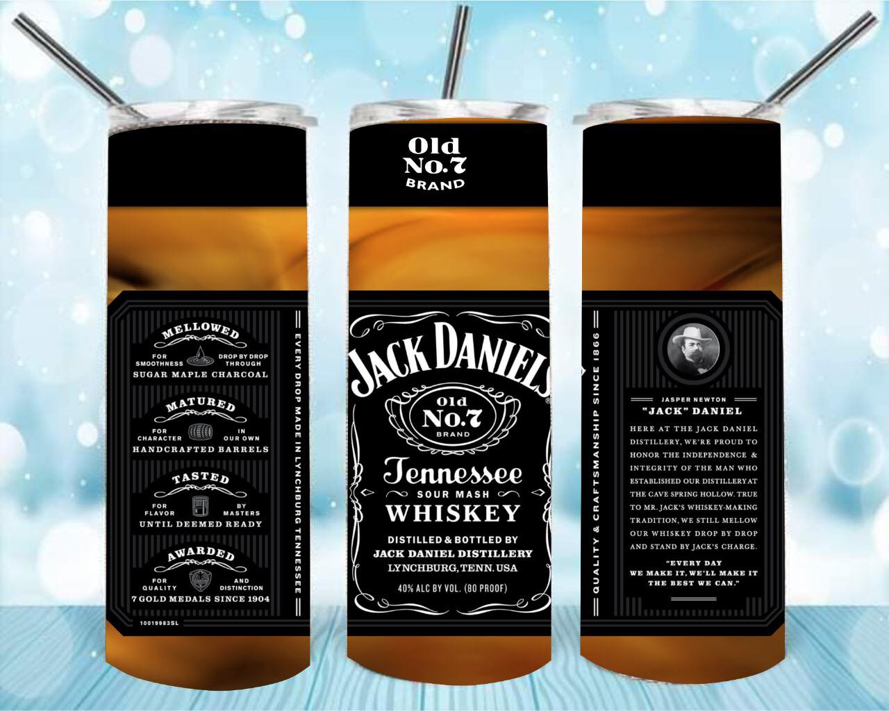 Jack Daniels No7 20oz Skinny Tumbler – Insulated Stainless Steel with Straws & Brush
