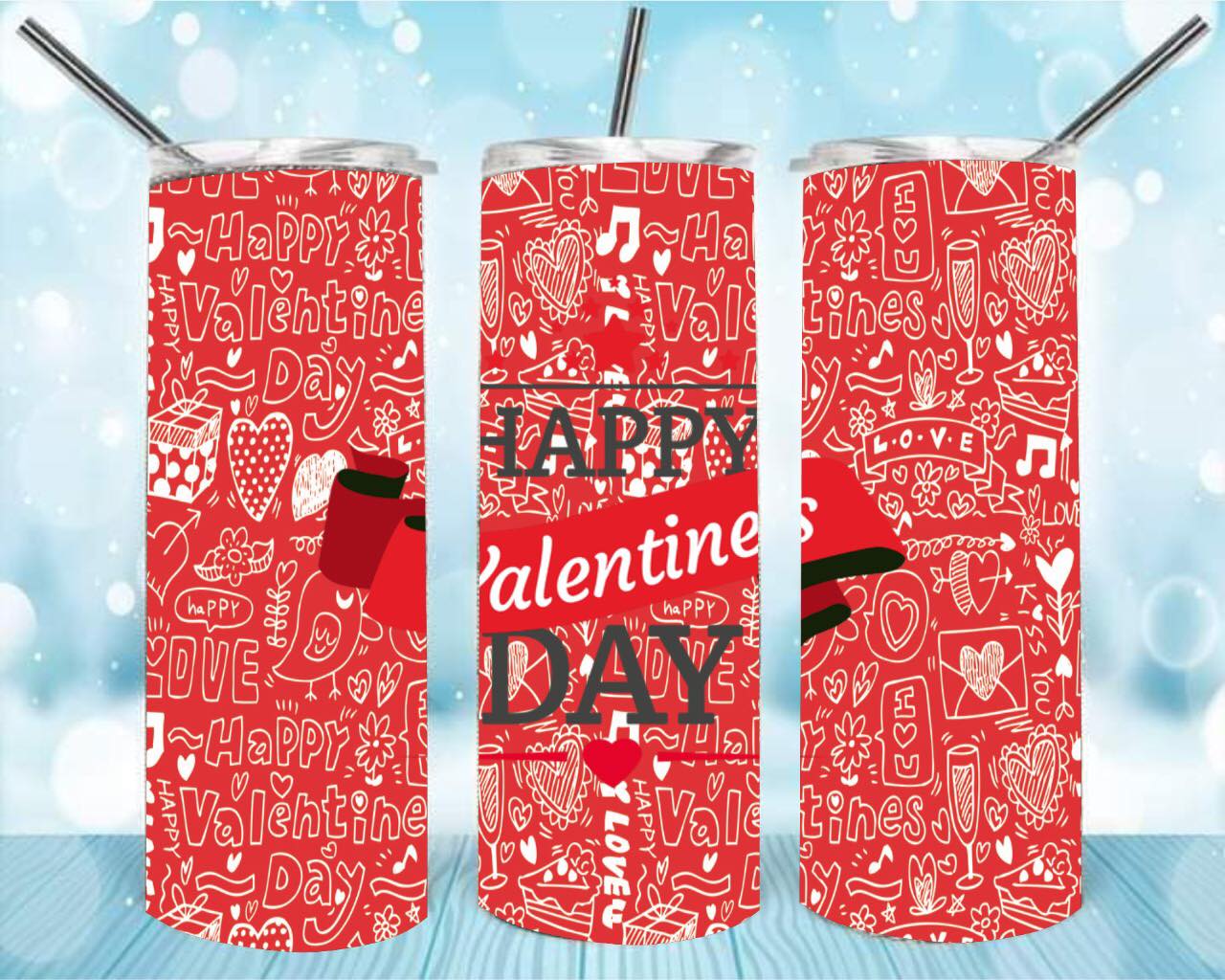 Happy V-Day 20oz Skinny Tumbler – Insulated Stainless Steel with Straws & Brush