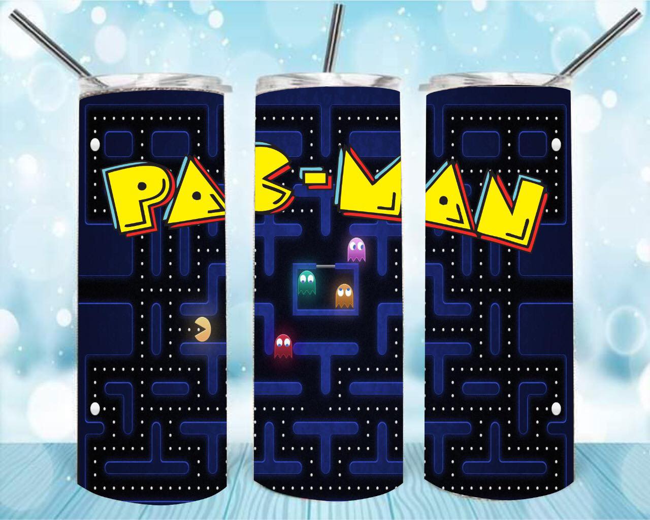 Pac-Man 20oz Skinny Tumbler – Insulated Stainless Steel with Straws & Brush
