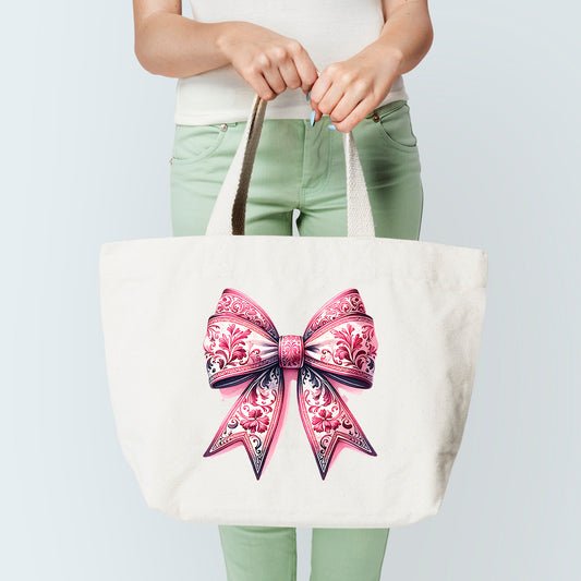 Pink Floral Bow Tote Bag