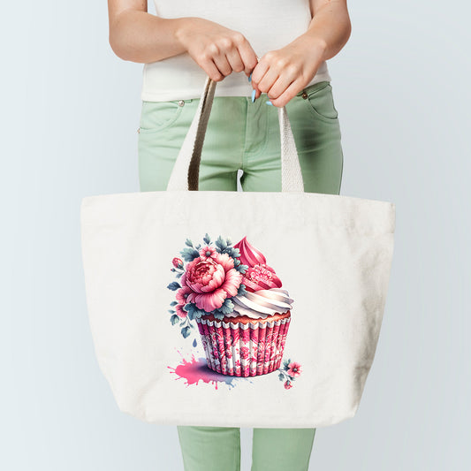 Pink Floral Cupcake Tote Bag