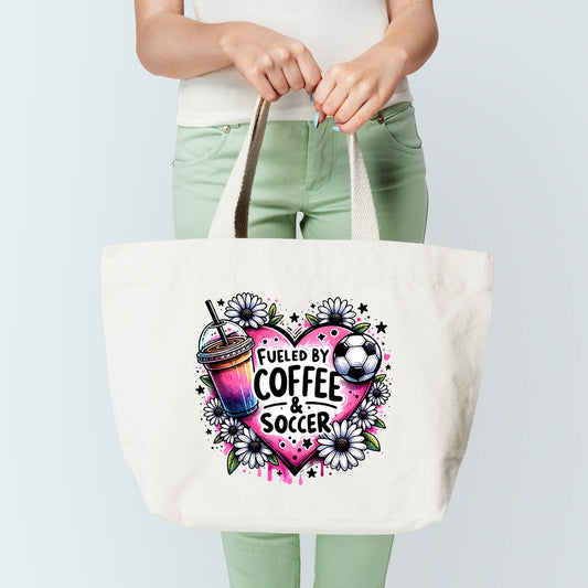 fueled by soccer and coffee tote bag