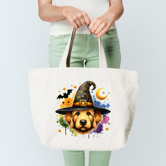 golden doodle witch tote bag