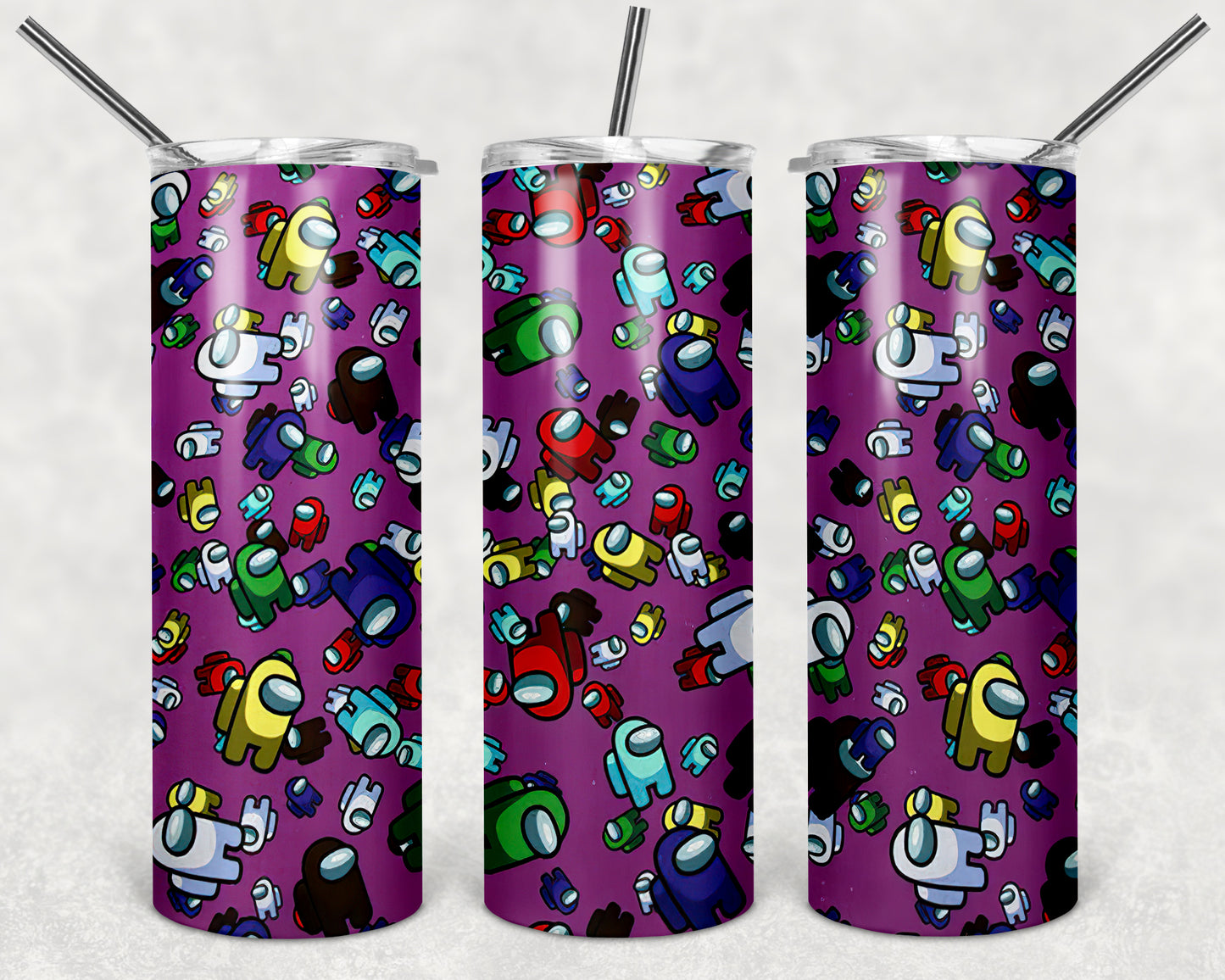 Among Us Collage Purple 20oz Skinny Tumbler – Insulated Stainless Steel with Straws & Brush