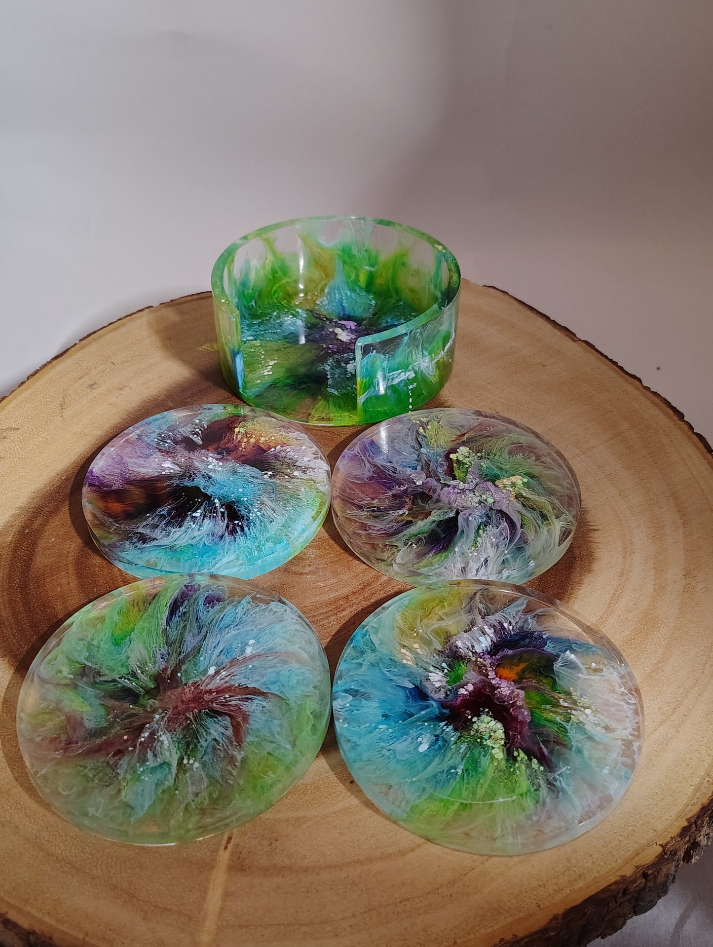 Handmade Resin Coaster Set with Matching Holder – Green, Blue & Purple Abstract Design