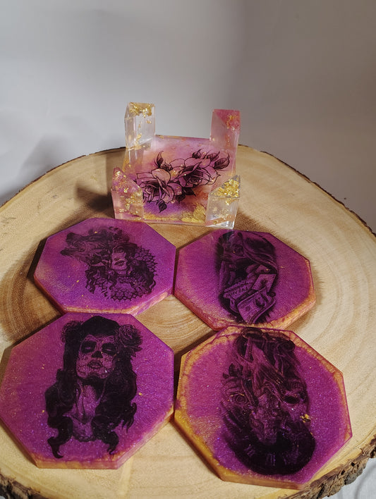 Midnight Rose Handmade Resin Coaster Set with Holder