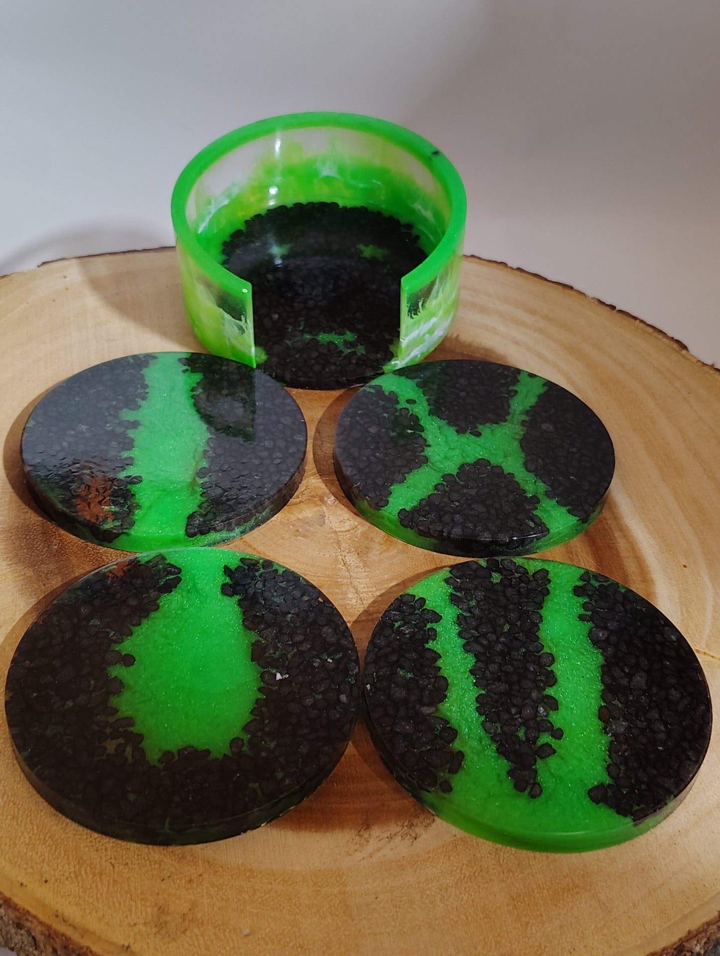 Toxic Glow Handmade Resin Coaster Set with Holder – Glow in the Dark