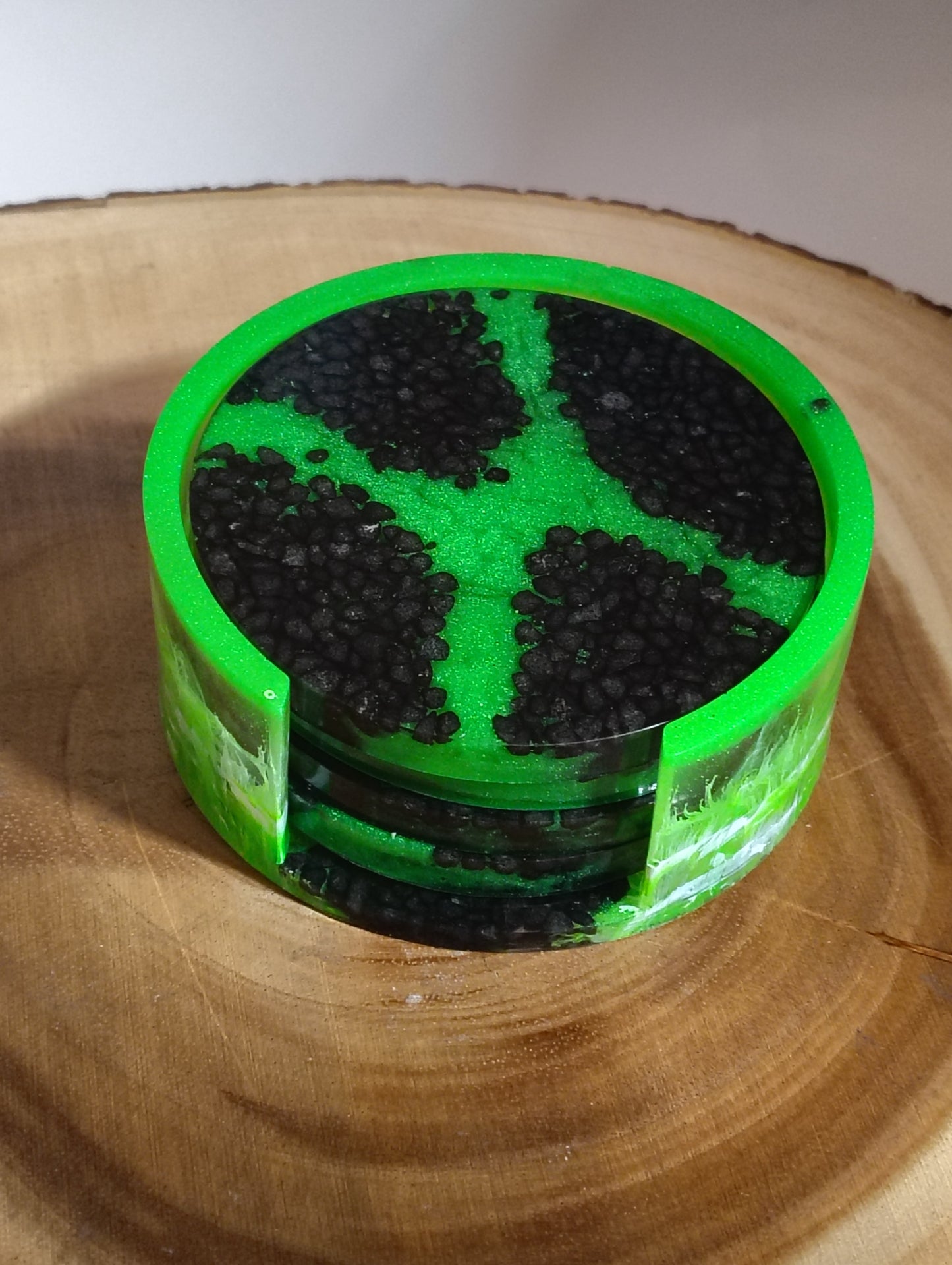 Toxic Glow Handmade Resin Coaster Set with Holder – Glow in the Dark