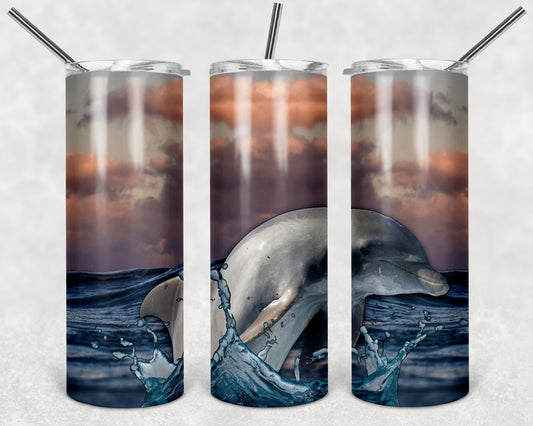 Sunset Dolphin 20oz Skinny Tumbler – Insulated Stainless Steel with Straws & Brush