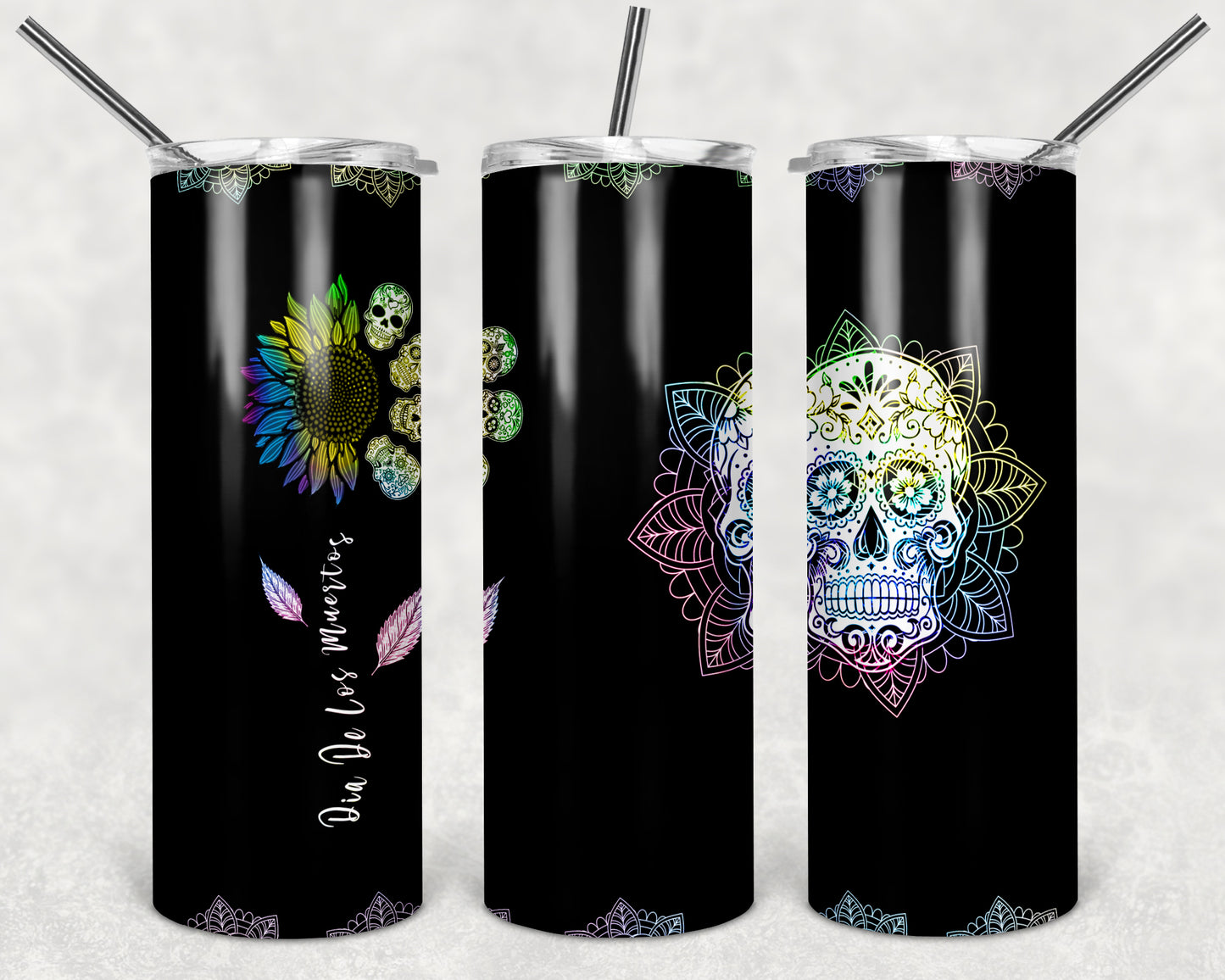 Sunflower And Sugar Skull 20oz Skinny Tumbler – Insulated Stainless Steel with Straws & Brush