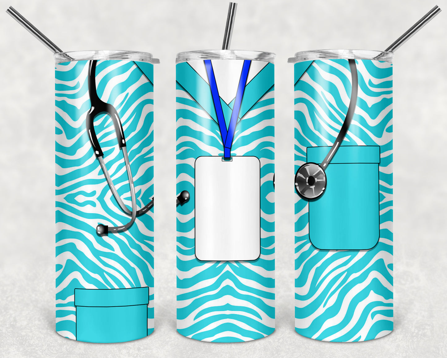 Turquoise Zebra Scrubs 20oz Skinny Tumbler – Insulated Stainless Steel with Straws & Brush