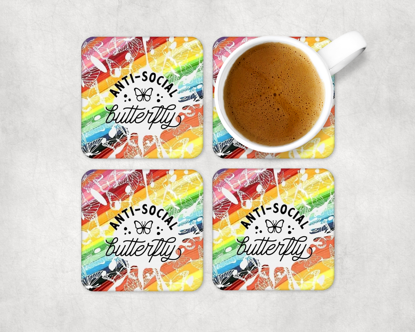 Set Of 4 Coasters With Anitsocial Butterfly – Absorbent Coaster with Non-Slip Backing