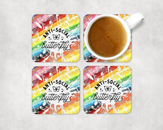 Set Of 4 Coasters With Anitsocial Butterfly – Absorbent Coaster with Non-Slip Backing