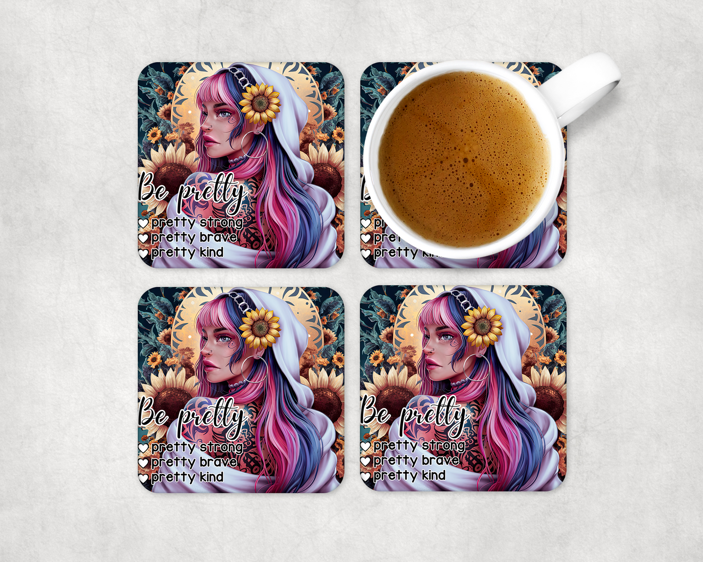 Set Of 4 Coasters Be Pretty – Absorbent Coaster with Non-Slip Backing