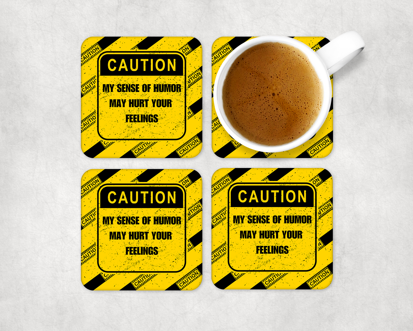 Set Of 4 Coasters With Caution Humor – Absorbent Coaster with Non-Slip Backing