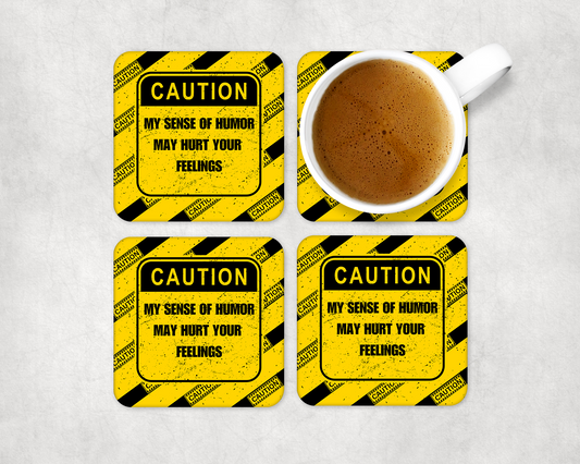 Set Of 4 Coasters With Caution Humor – Absorbent Coaster with Non-Slip Backing