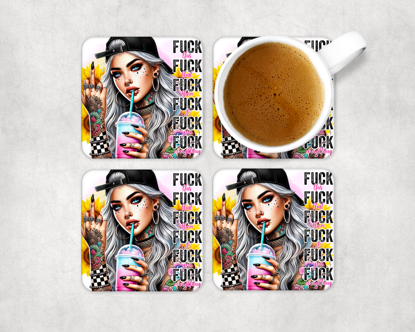 Set Of 4 Coasters With F*Ck It All – Absorbent Coaster with Non-Slip Backing