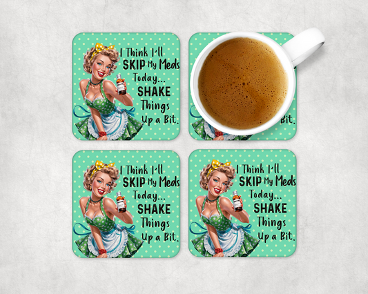 Set Of 4 Coasters With Skipping Meds – Absorbent Coaster with Non-Slip Backing